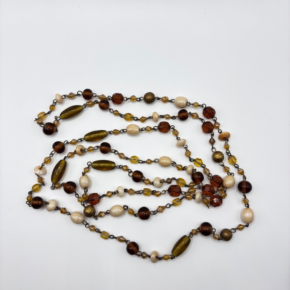 Vtg Boho Earthy Beaded Long Necklace Station 60" Baroque Amber Green Cream Glass - Picture 1 of 8